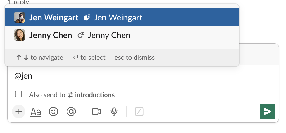 Adding an @ mention to a post - select the Jen you want!